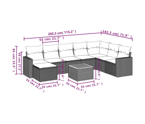 Set de muebles de jardín 9 pzas y cojines ratán sintético gris