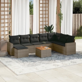 Set de muebles de jardín 9 pzas y cojines ratán sintético gris