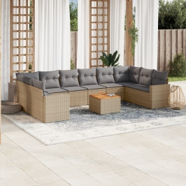 Set de sofás de jardín 11pzas con cojines ratán sintético beige