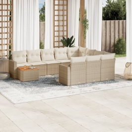 Set de sofás de jardín 11pzas con cojines ratán sintético beige