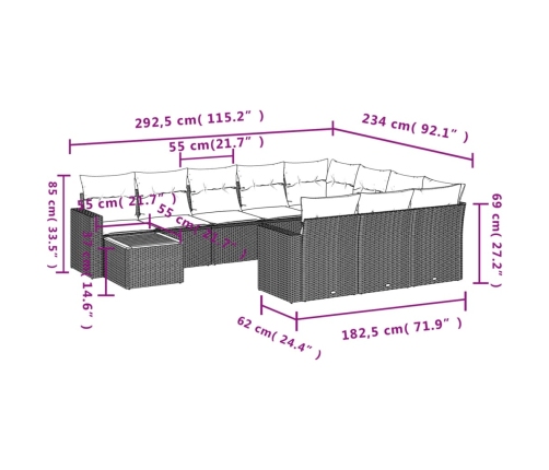 Set de sofás de jardín 11pzas con cojines ratán sintético beige