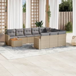 Set de sofás de jardín 11pzas con cojines ratán sintético beige