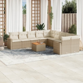 Set de sofás de jardín 11pzas con cojines ratán sintético beige