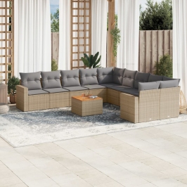 Set de sofás de jardín 11pzas con cojines ratán sintético beige