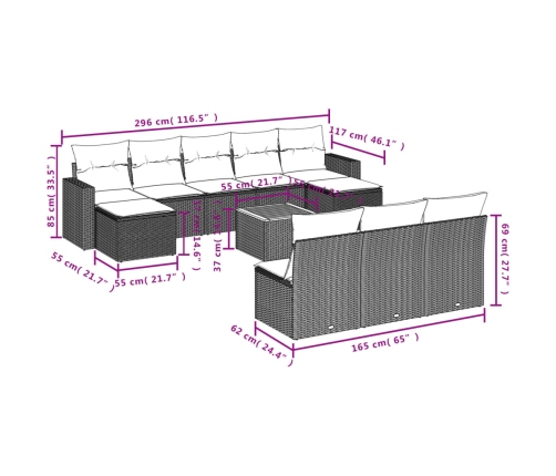 Set de sofás de jardín 11pzas con cojines ratán sintético beige