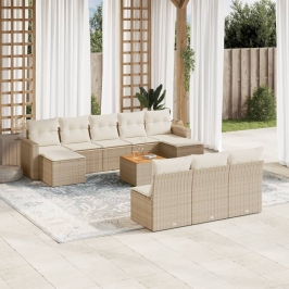 Set de sofás de jardín 11pzas con cojines ratán sintético beige