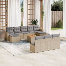 Set de sofás de jardín 11pzas con cojines ratán sintético beige