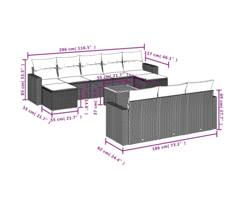 Set de sofás de jardín 11pzas con cojines ratán sintético beige