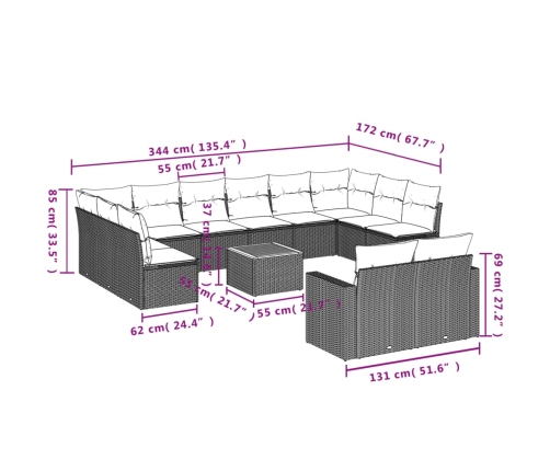 Set de sofás de jardín y cojines 13 pzas ratán sintético negro