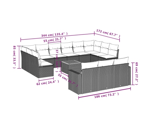 Set sofás de jardín 14 pzas con cojines ratán sintético negro