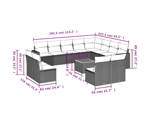 Set sofás de jardín con cojines 13 pzas ratán sintético beige