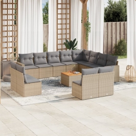 Set sofás de jardín con cojines 13 pzas ratán sintético beige