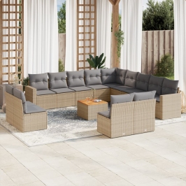 Set sofás de jardín 14 pzas con cojines ratán sintético beige