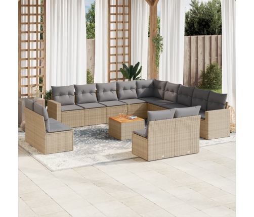 Set sofás de jardín 14 pzas con cojines ratán sintético beige