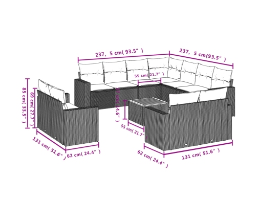 Set de sofás de jardín 12 pzas y cojines ratán sintético marrón