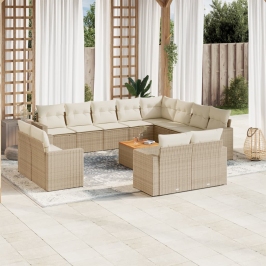 Set sofás de jardín con cojines 13 pzas ratán sintético beige