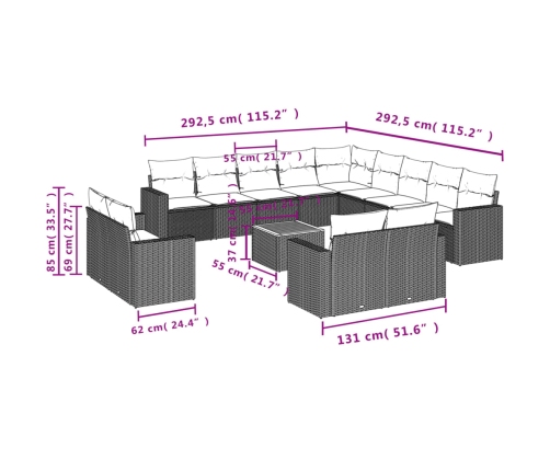 Set sofás de jardín 14 pzas con cojines ratán sintético negro