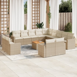 Set sofás de jardín 14 pzas con cojines ratán sintético beige