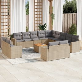 Set sofás de jardín 14 pzas con cojines ratán sintético beige