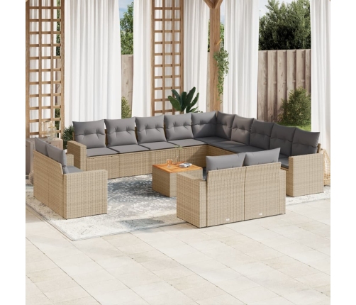 Set sofás de jardín 14 pzas con cojines ratán sintético beige