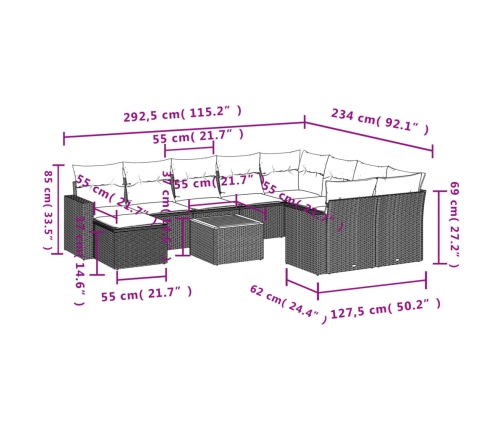 Set de sofás de jardín 11pzas con cojines ratán sintético beige