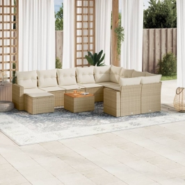 Set de sofás de jardín 11pzas con cojines ratán sintético beige