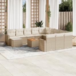 Set sofás de jardín con cojines 13 pzas ratán sintético beige