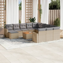 Set sofás de jardín con cojines 13 pzas ratán sintético beige