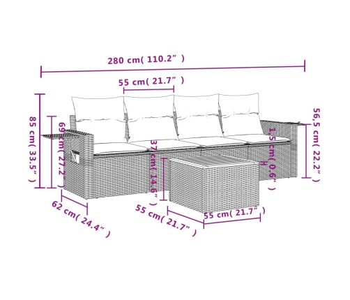 Set de muebles de jardín 5 pzas y cojines ratán sintético negro