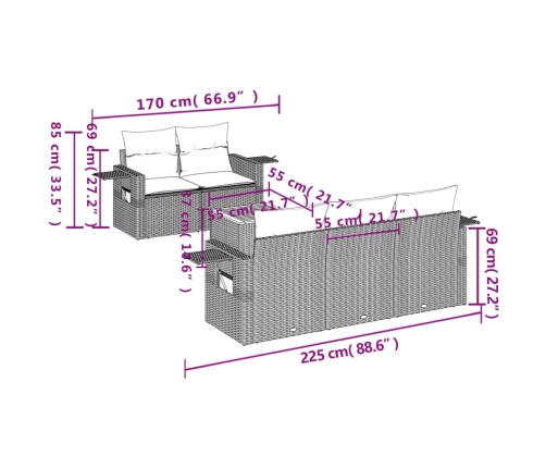 Set de muebles de jardín 6 pzas y cojines ratán sintético gris