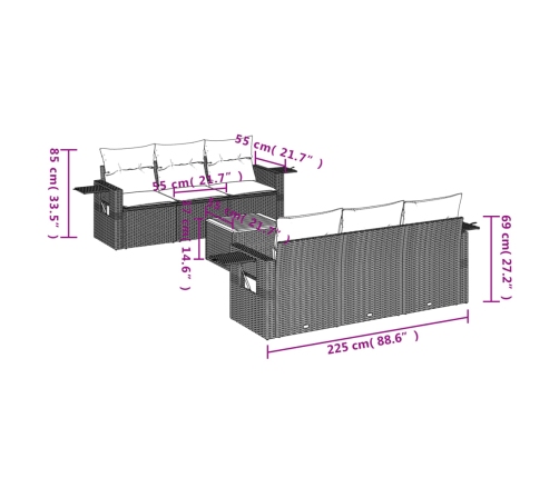 Set de comedor de jardín 7 pzas y cojines ratán sintético negro