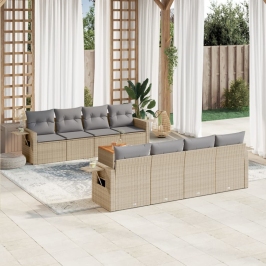 Set de sofás de jardín 9 pzas con cojines ratán sintético beige