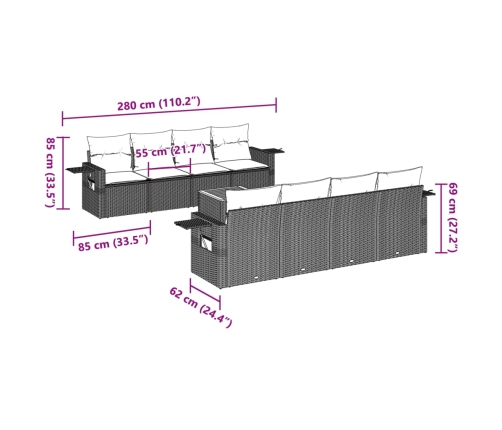 Set de muebles de jardín 9 pzas y cojines ratán sintético gris