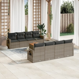 Set de muebles de jardín 9 pzas y cojines ratán sintético gris