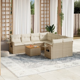 Set de sofás de jardín 9 pzas con cojines ratán sintético beige