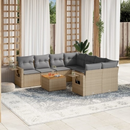 Set de sofás de jardín 9 pzas con cojines ratán sintético beige