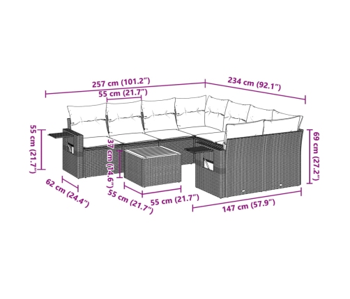 Set de muebles de jardín 9 pzas y cojines ratán sintético gris