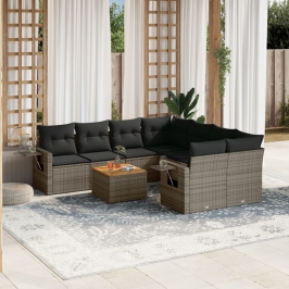 Set de muebles de jardín 9 pzas y cojines ratán sintético gris