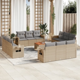 Set sofás de jardín con cojines 13 pzas ratán sintético beige