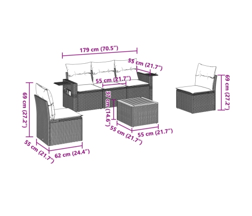 Set de muebles de jardín 6 pzas y cojines ratán sintético gris