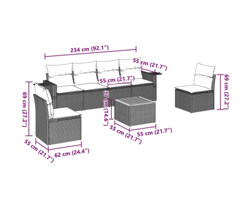 Set de comedor de jardín 7 pzas y cojines ratán sintético negro