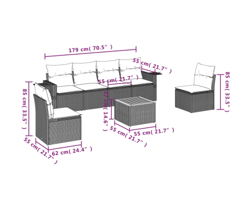 Set sofás de jardín 7 piezas y cojines ratán sintético beige