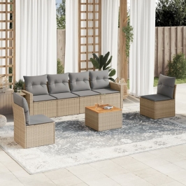 Set sofás de jardín 7 piezas y cojines ratán sintético beige