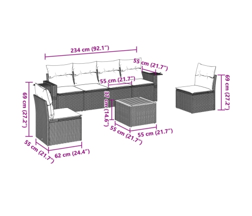 Set de sofás de jardín 7 piezas con cojines ratán PE gris