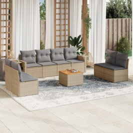 Set de sofás de jardín 9 pzas con cojines ratán sintético beige