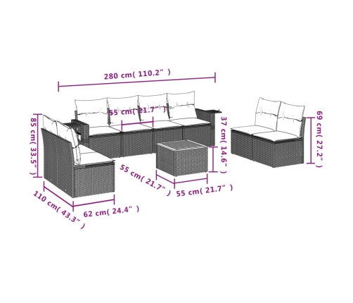 Set de muebles de jardín 9 pzas y cojines ratán sintético gris