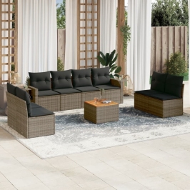 Set de muebles de jardín 9 pzas y cojines ratán sintético gris