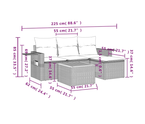 Set de muebles de jardín 5 pzas y cojines ratán sintético negro