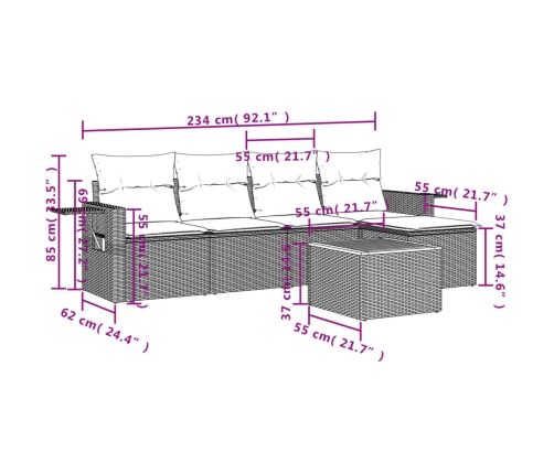 Set de muebles de jardín 6 pzas y cojines ratán sintético gris