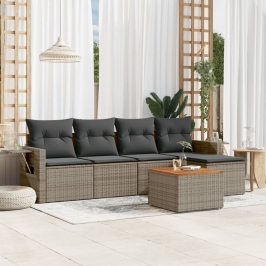 Set de muebles de jardín 6 pzas y cojines ratán sintético gris